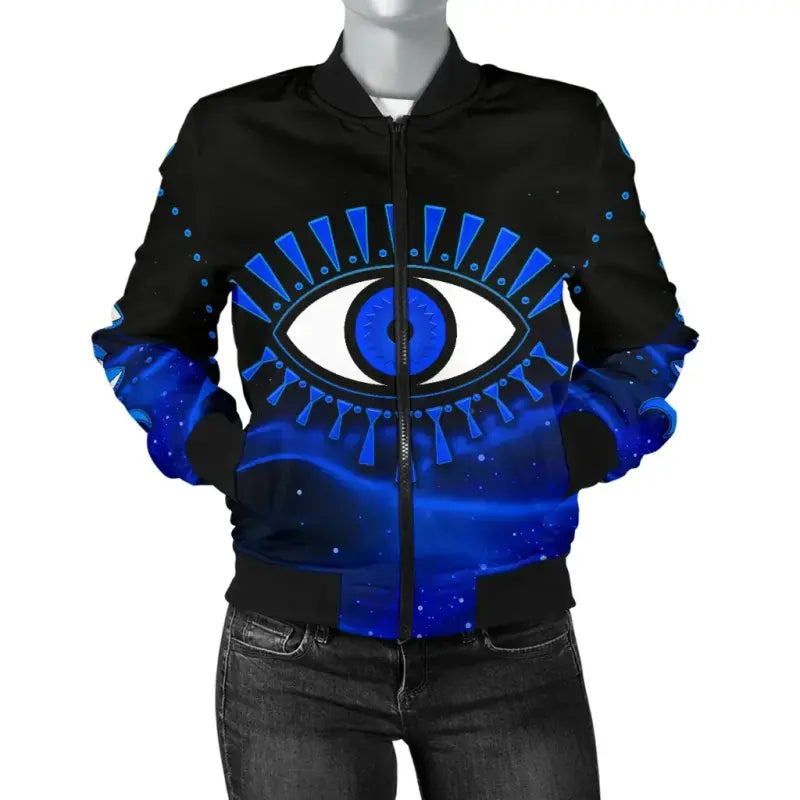 Jacket - Evil Eye Women's Bomber Jacket Original Style - Blue LT8 - Wonder Print Shop