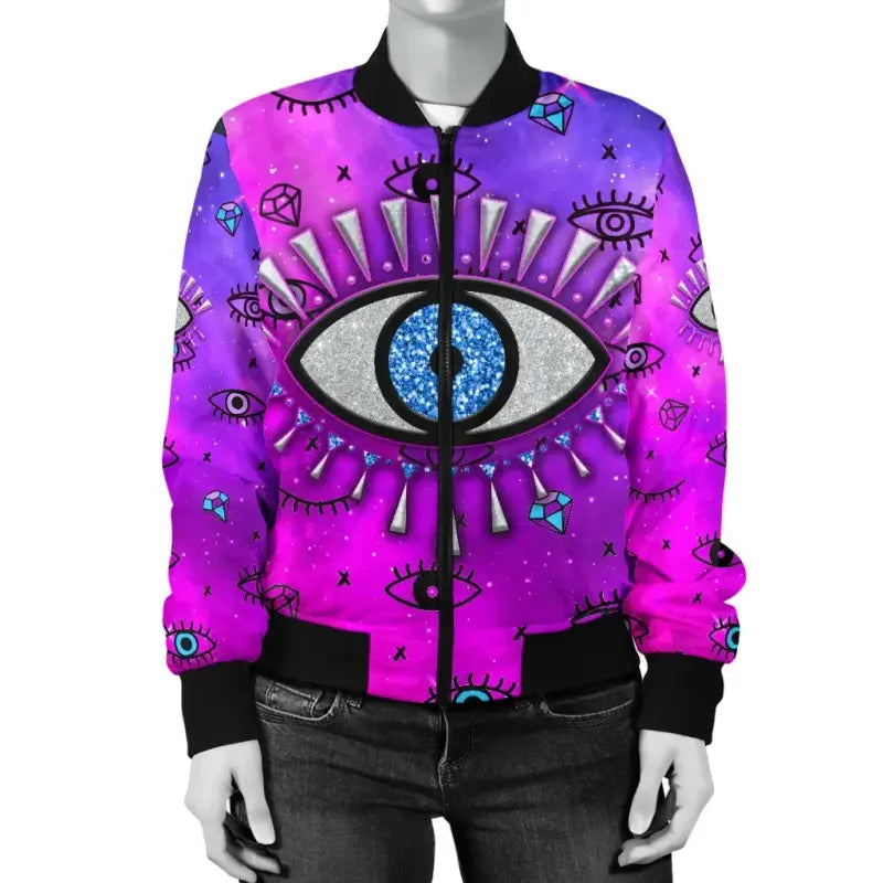 Jacket - Evil Eye Women's Bomber Jacket Simple Style - Pink LT8 - Wonder Print Shop