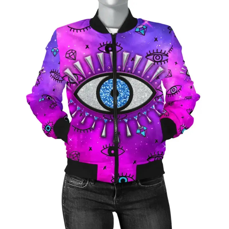Jacket - Evil Eye Women's Bomber Jacket Simple Style - Pink LT8 - Wonder Print Shop