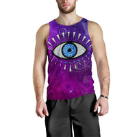 Purple men’s tank top with large evil eye graphic and cosmic print, sleeveless