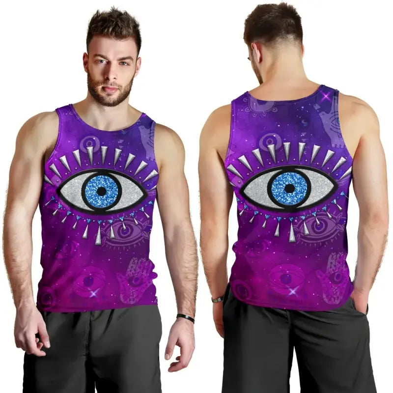 Purple evil eye universe tank top on model, sleeveless front view with crew neckline