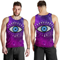 Purple evil eye universe tank top on model, sleeveless front view with crew neckline
