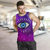 Purple men’s sleeveless tank top featuring a big blue evil eye print across the chest