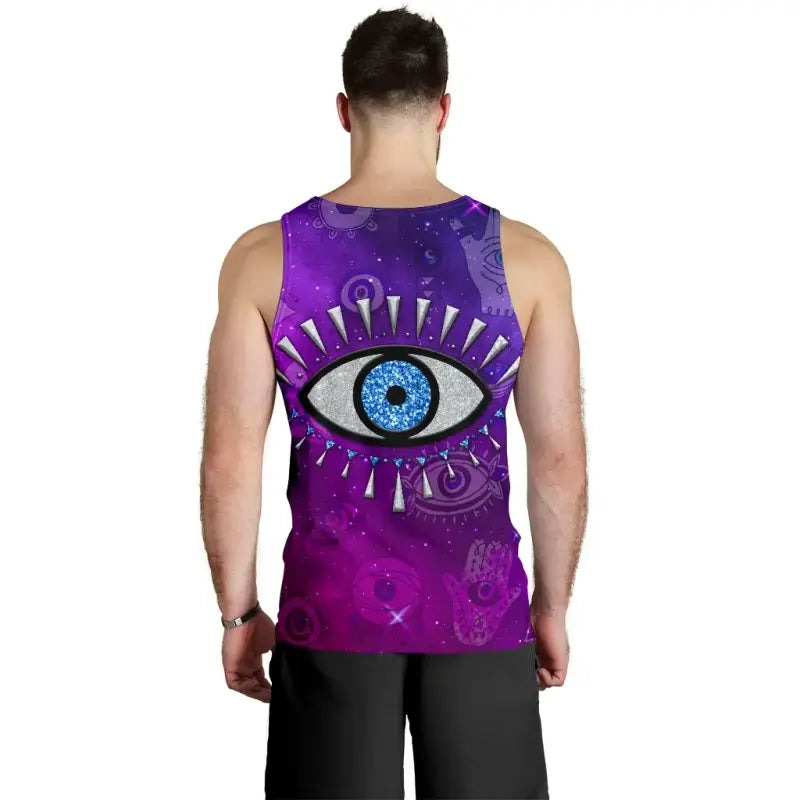Back view of purple men’s sleeveless tank top with evil eye universe graphic