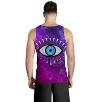 Back view of purple men’s sleeveless tank top with evil eye universe graphic