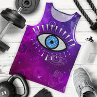 Laid-flat purple tank top with blue evil eye graphic, sleeveless crew neck