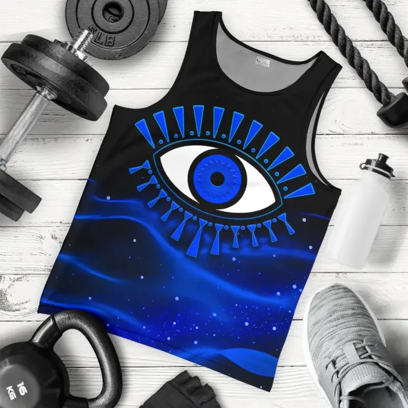 Black sleeveless tank top with large blue evil eye print, crew neckline