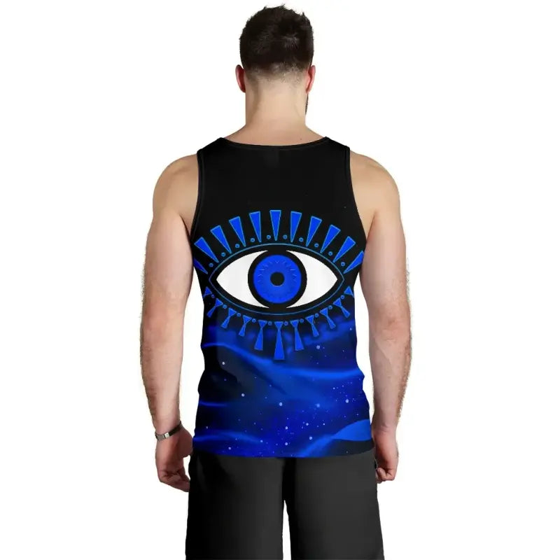 Black men’s tank top, back view with blue evil eye graphic centered
