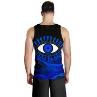 Black men’s tank top, back view with blue evil eye graphic centered