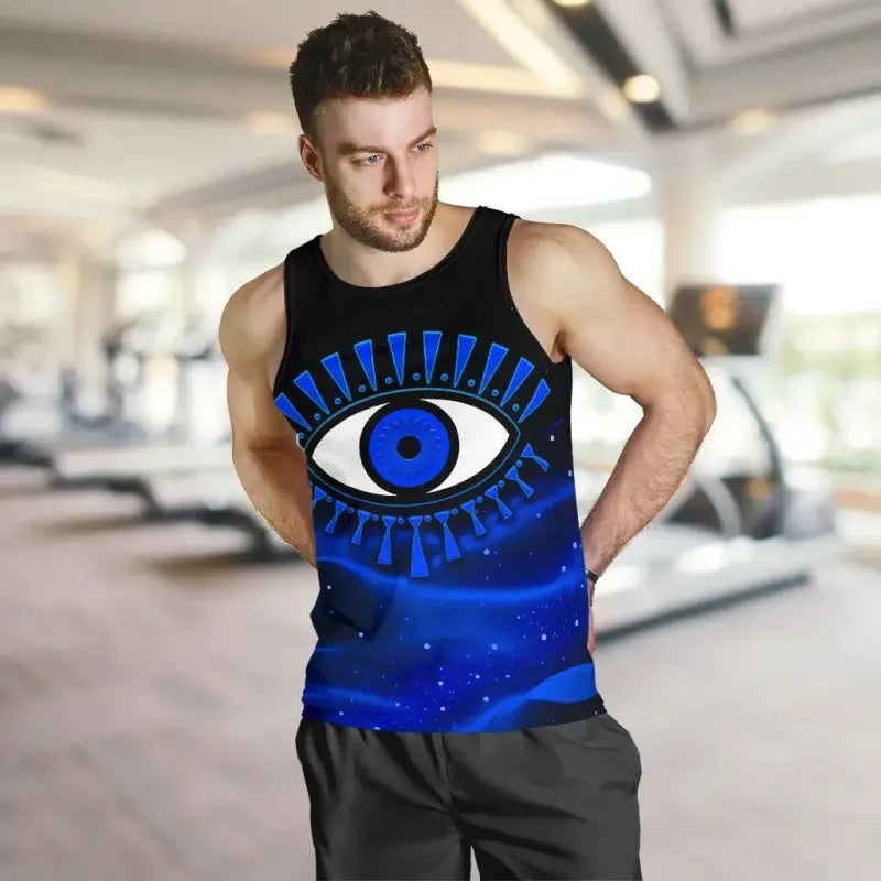 Black men’s tank top with blue evil eye print on chest, sleeveless crew neck