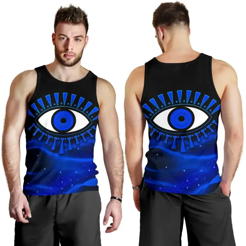 Front and back views of black men’s tank top with blue evil eye graphic