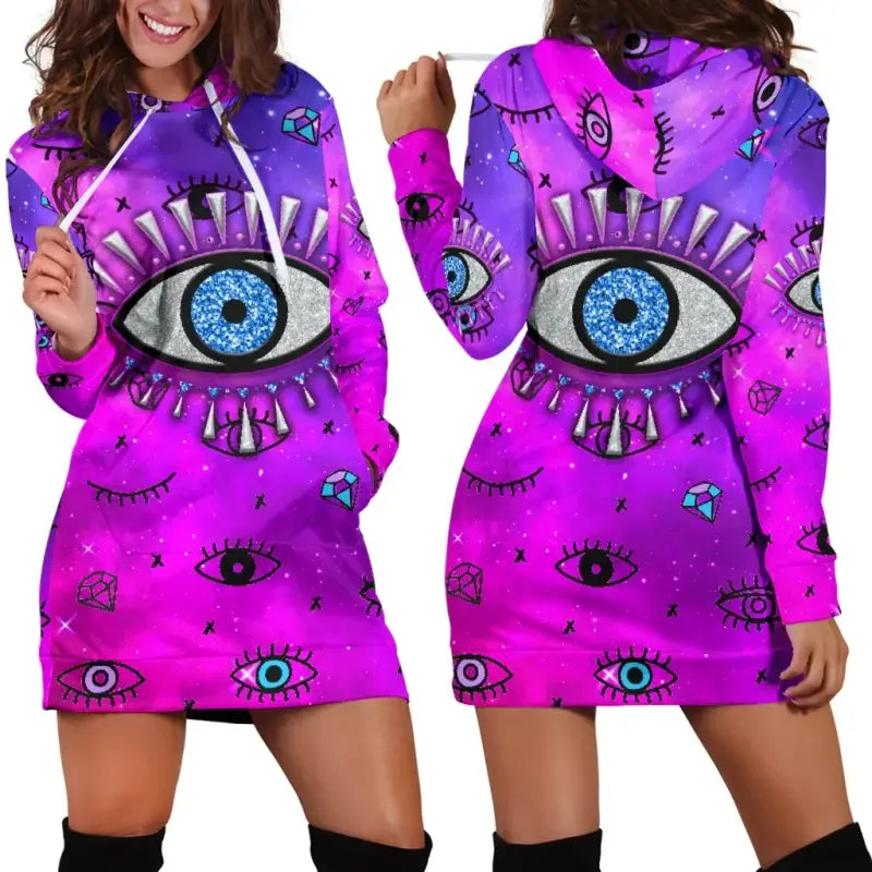 Clothing - Evil Eye Women's Hoodie Dress Simple Style - Pink LT8 - Wonder Print Shop
