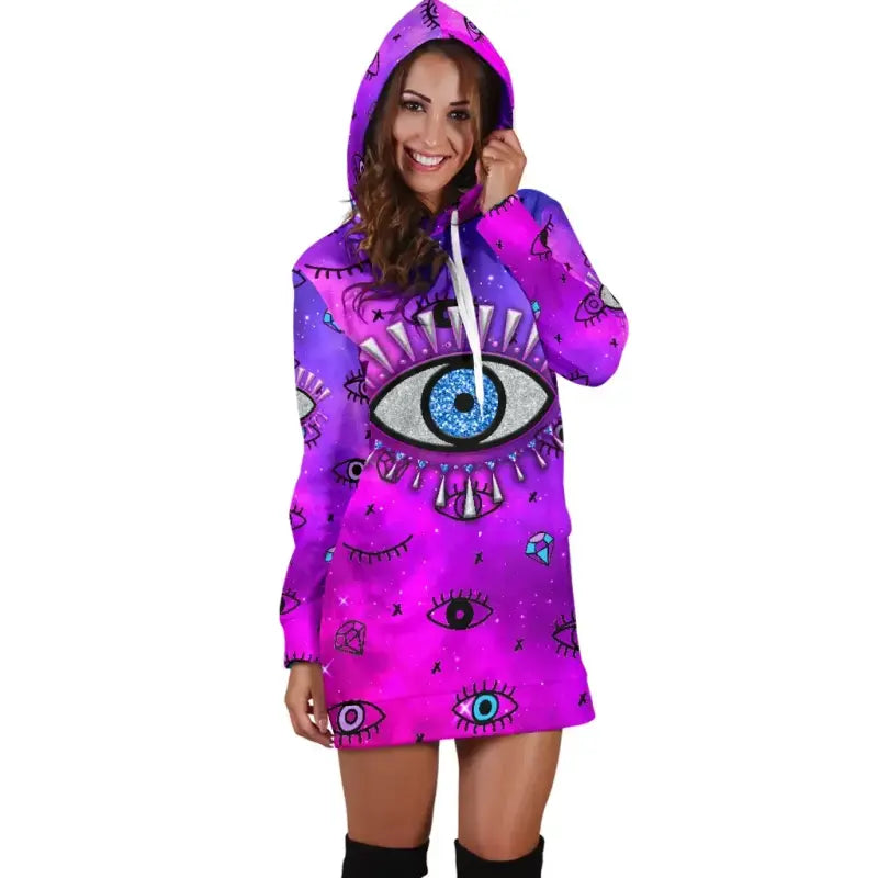 Clothing - Evil Eye Women's Hoodie Dress Simple Style - Pink LT8 - Wonder Print Shop