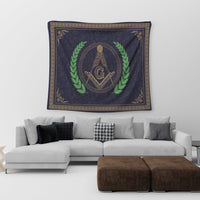 Freemasonry crest tapestry with central G and compass, green laurel, ornate frame, dark fabric