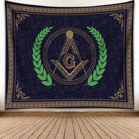 Freemasonry crest tapestry: G symbol, laurel wreath, ornate border, dark backdrop