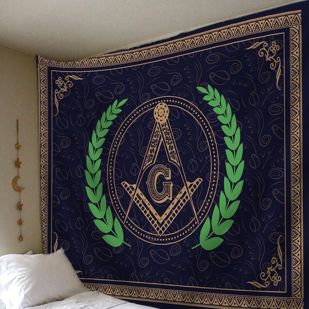 Hanging freemasonry crest tapestry with G emblem and laurel, framed border on dark fabric