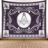 Purple freemasonry crest tapestry with central circle and eye-and-triangle symbol