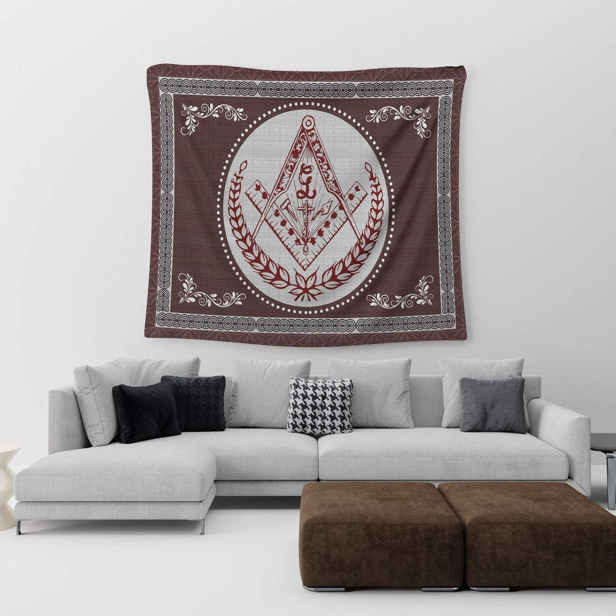 Freemasonry crest tapestry hanging on wall, red-and-white diamond emblem in circle frame