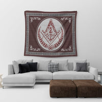 Freemasonry crest tapestry hanging on wall, red-and-white diamond emblem in circle frame