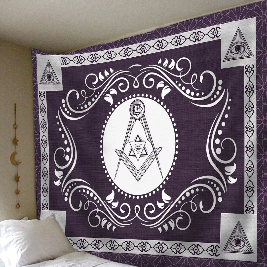 Purple freemasonry crest tapestry, triangular eye emblems and central oval motif