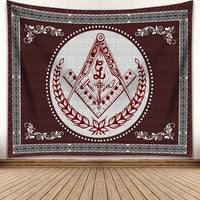 Red Freemasonry crest tapestry with ornate diamond symbol and laurel border on dark maroon
