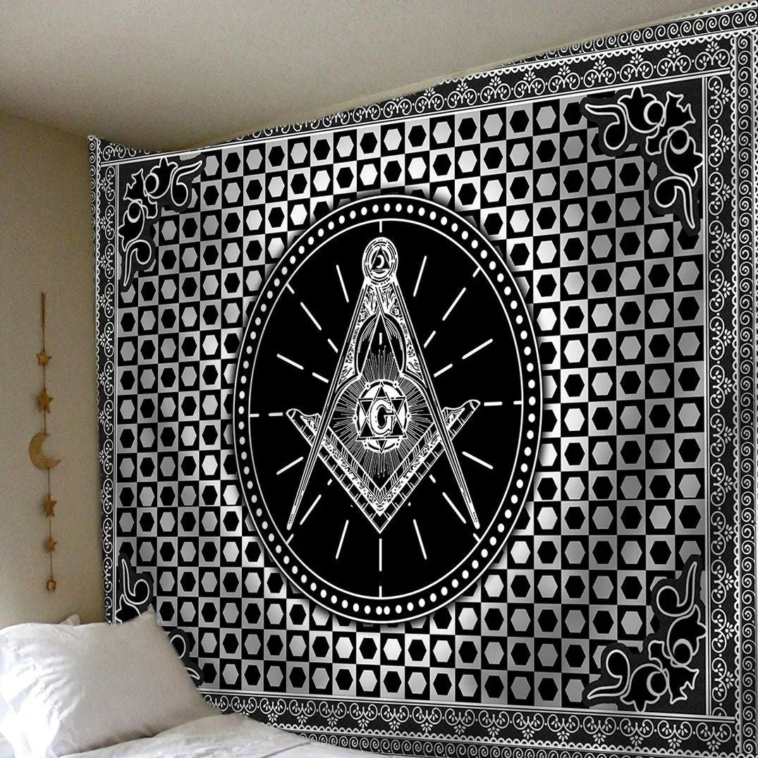Black tapestry with white Freemasonry crest medallion and ornate corner border
