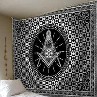 Black tapestry with white Freemasonry crest medallion and ornate corner border