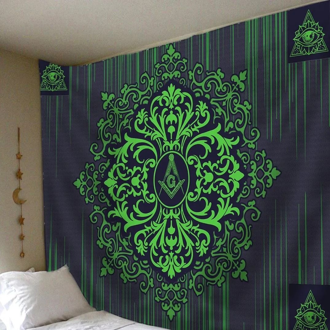 Wall-hung tapestry: dark background with large neon-green Freemason floral crest
