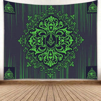 Black tapestry with green Freemason floral crest and corner eye symbols