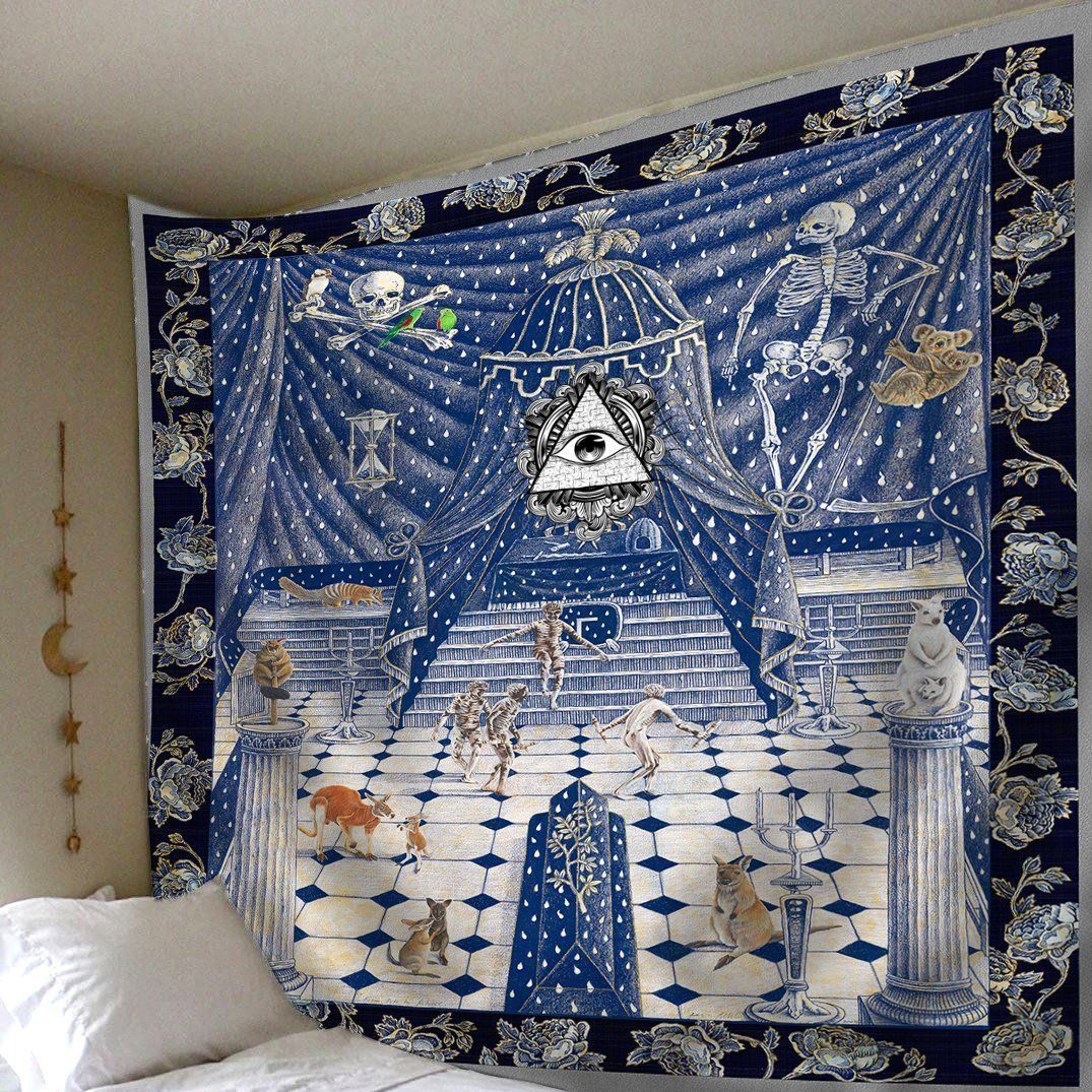Blue tapestry hung on wall, triangle-and-eye emblem with starry curtain backdrop