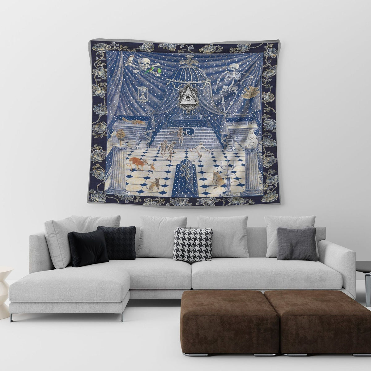 Blue wall tapestry with central eye crest, hanging curtains, and stairway scene