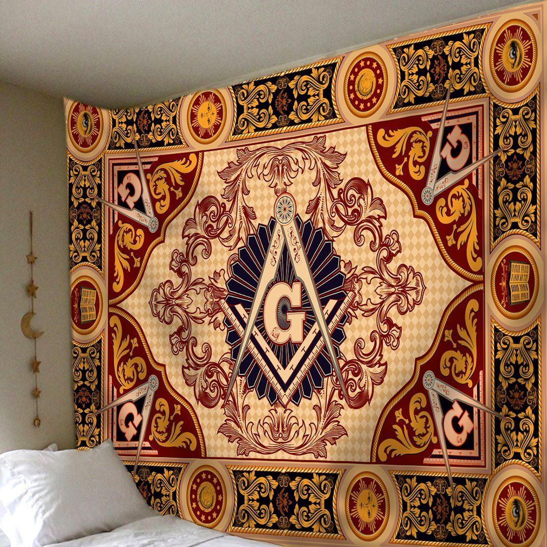 Close-up Freemasonry G & compass crest on brown tapestry with scrolling red and blue