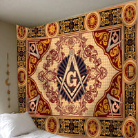 Close-up Freemasonry G & compass crest on brown tapestry with scrolling red and blue