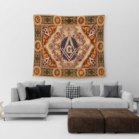 Freemasonry crest tapestry hanging above sofa, brown red gold and blue details
