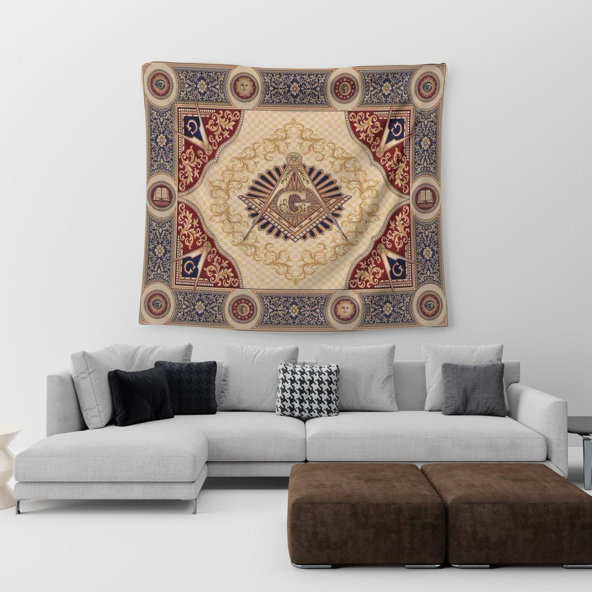 Freemasonry crest tapestry on wall, blue and red scrollwork border over cream center