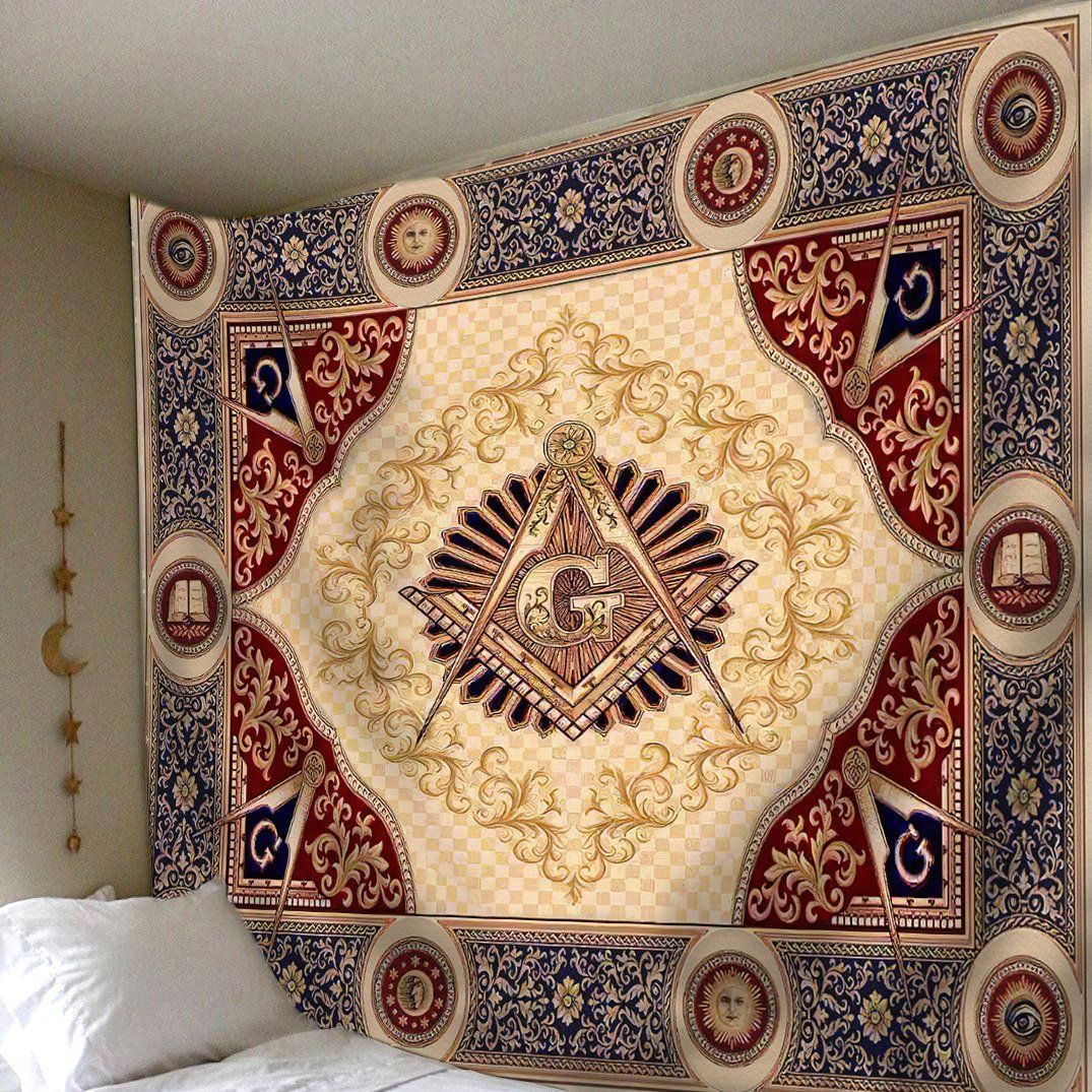 Close view: Freemasonry crest tapestry, cream center with compass-and-square emblem, blue/red trim