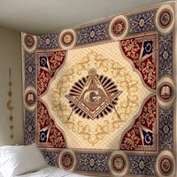 Close view: Freemasonry crest tapestry, cream center with compass-and-square emblem, blue/red trim