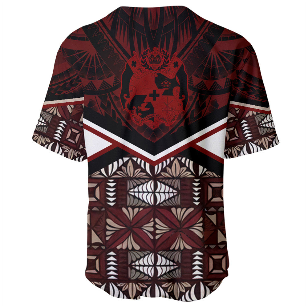 Red Tonga baseball jersey back with crest, V chevron stripe and bold floral geometric print