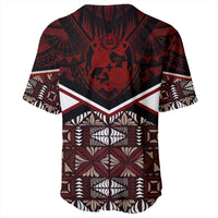 Red Tonga baseball jersey back with crest, V chevron stripe and bold floral geometric print