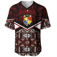 Red Tonga baseball jersey with crest, V chevron and patterned sleeves, button V-neck