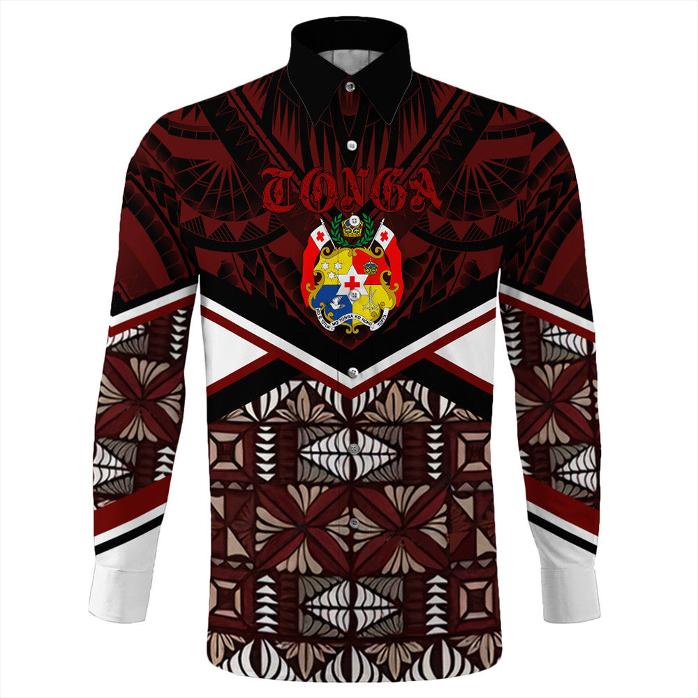 Wonder Print Shop Tonga Long Sleeve Button Shirt - Tonga Ngatu Kupesi Coat Of Arms Long Sleeve Button Shirt LT10 - Wonder Print Shop