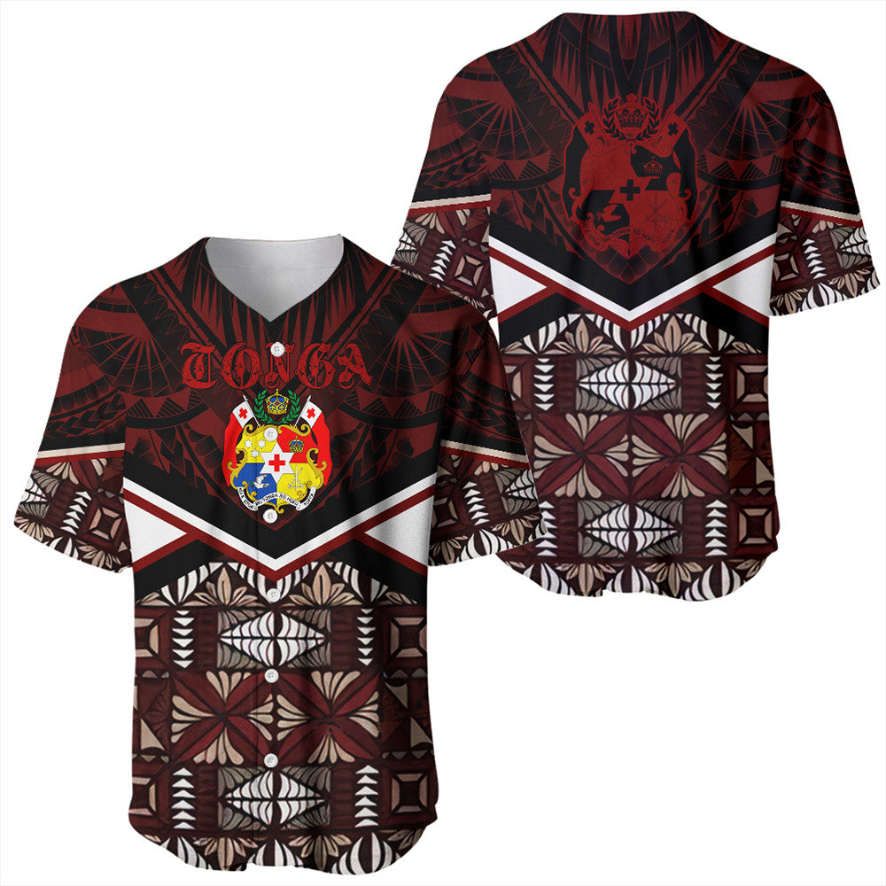 Red Tonga baseball jersey set: front and back views with crest, V chevron and tropical print