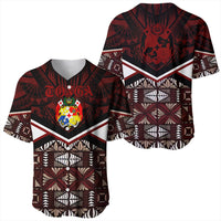 Red Tonga baseball jersey set: front and back views with crest, V chevron and tropical print