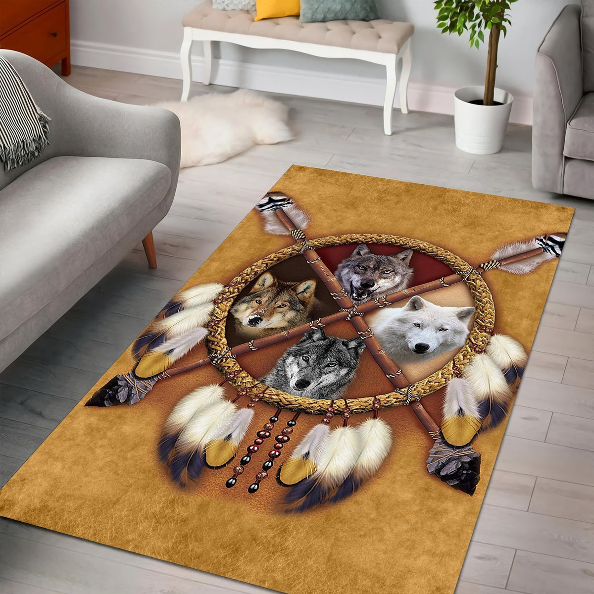 Amazing Four Wolves Dreamcatcher Native American Rug - Wonder Print Shop