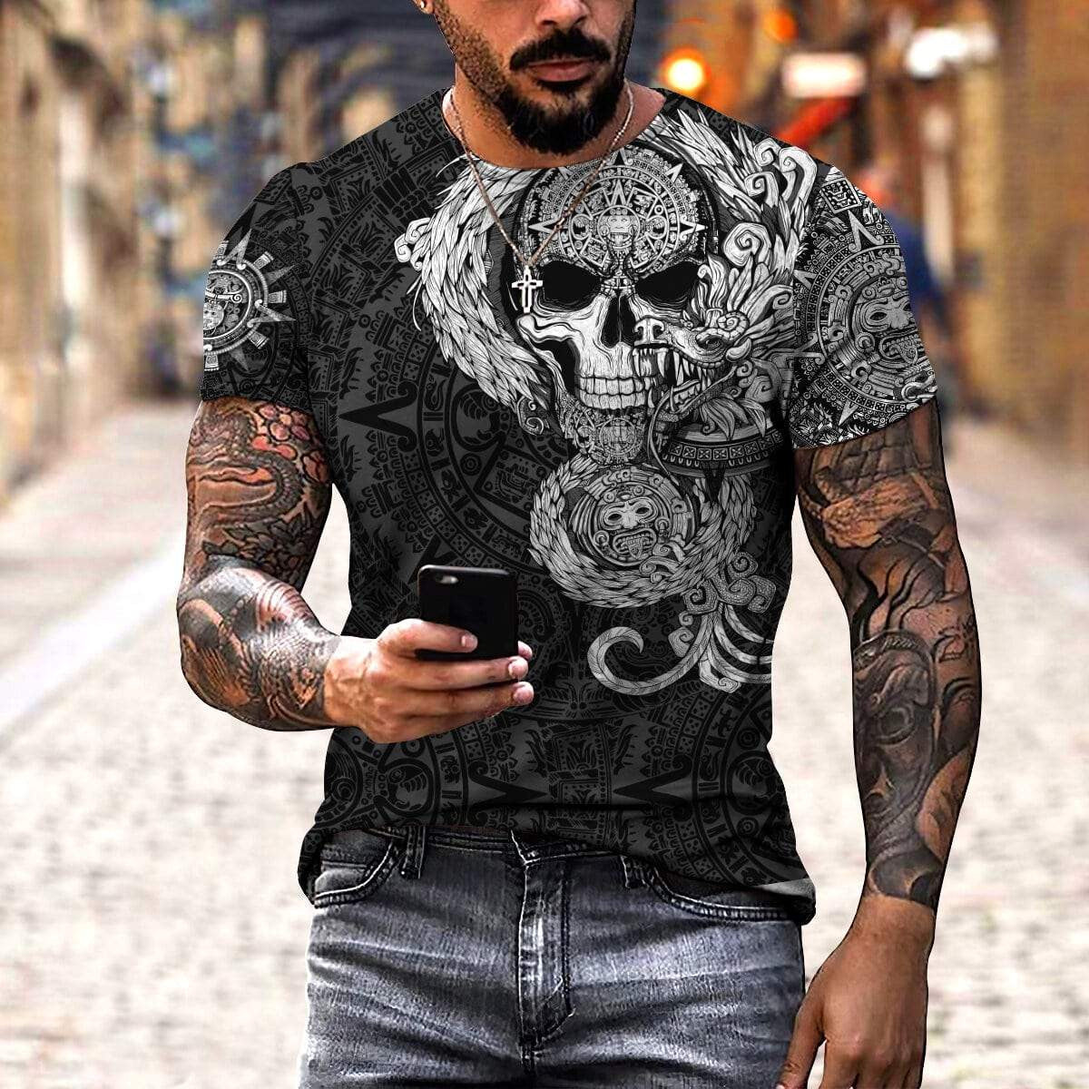 Mexico Aztec T Shirt Quetzalcoatl Skull Tattoo - Wonder Print Shop