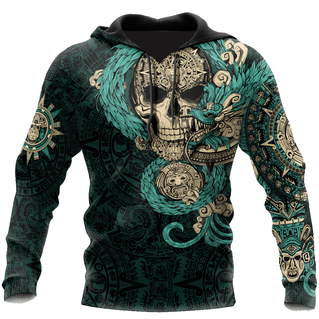Mexico Aztec Quetzalcoatl Skull Turquoise All Over Printed Hoodie Unisex - Wonder Print Shop