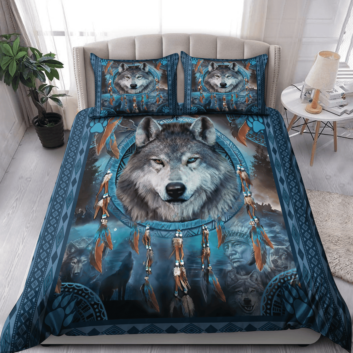 Blue Wolf And Dream Catcher Native American All Over Printed Bedding Set - Wonder Print Shop