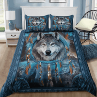 Blue Wolf And Dream Catcher Native American All Over Printed Bedding Set - Wonder Print Shop