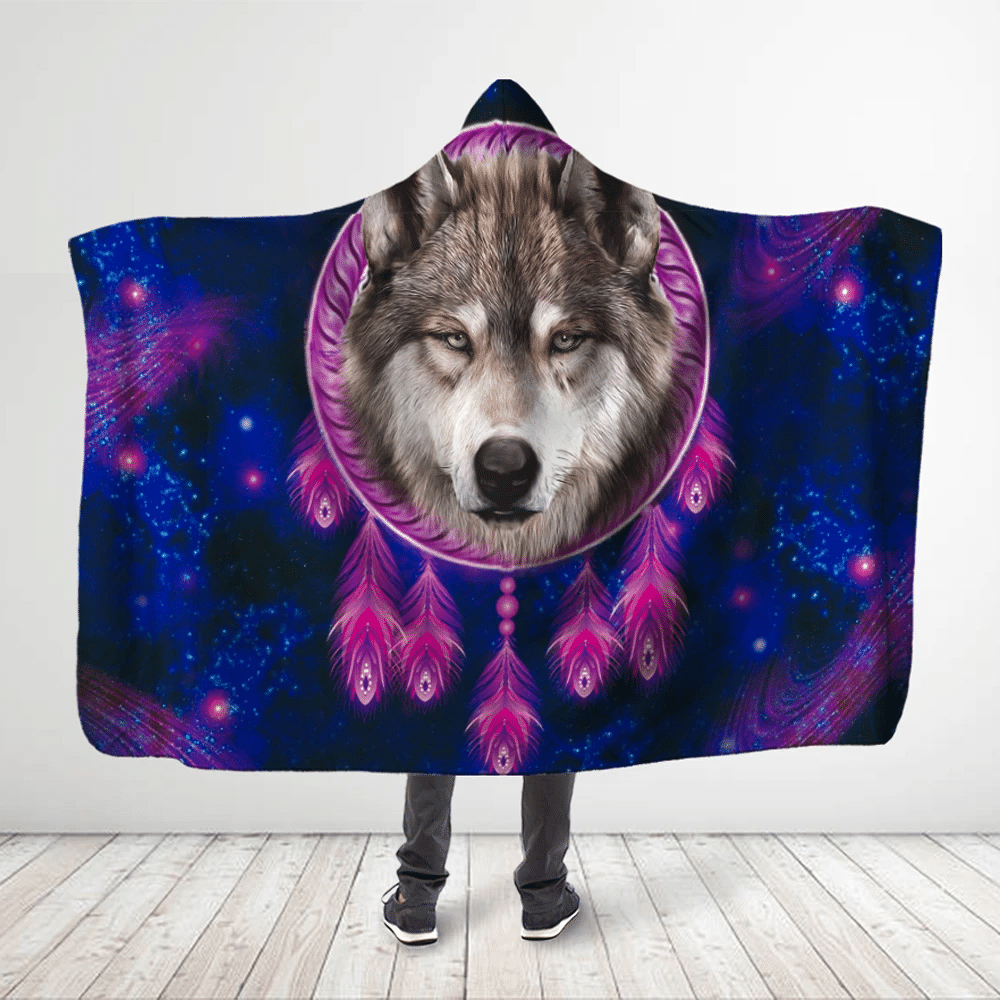 3d-all-over-printed-gray-wolf-dreamcatcher-galaxy-purple-hooded-blanket