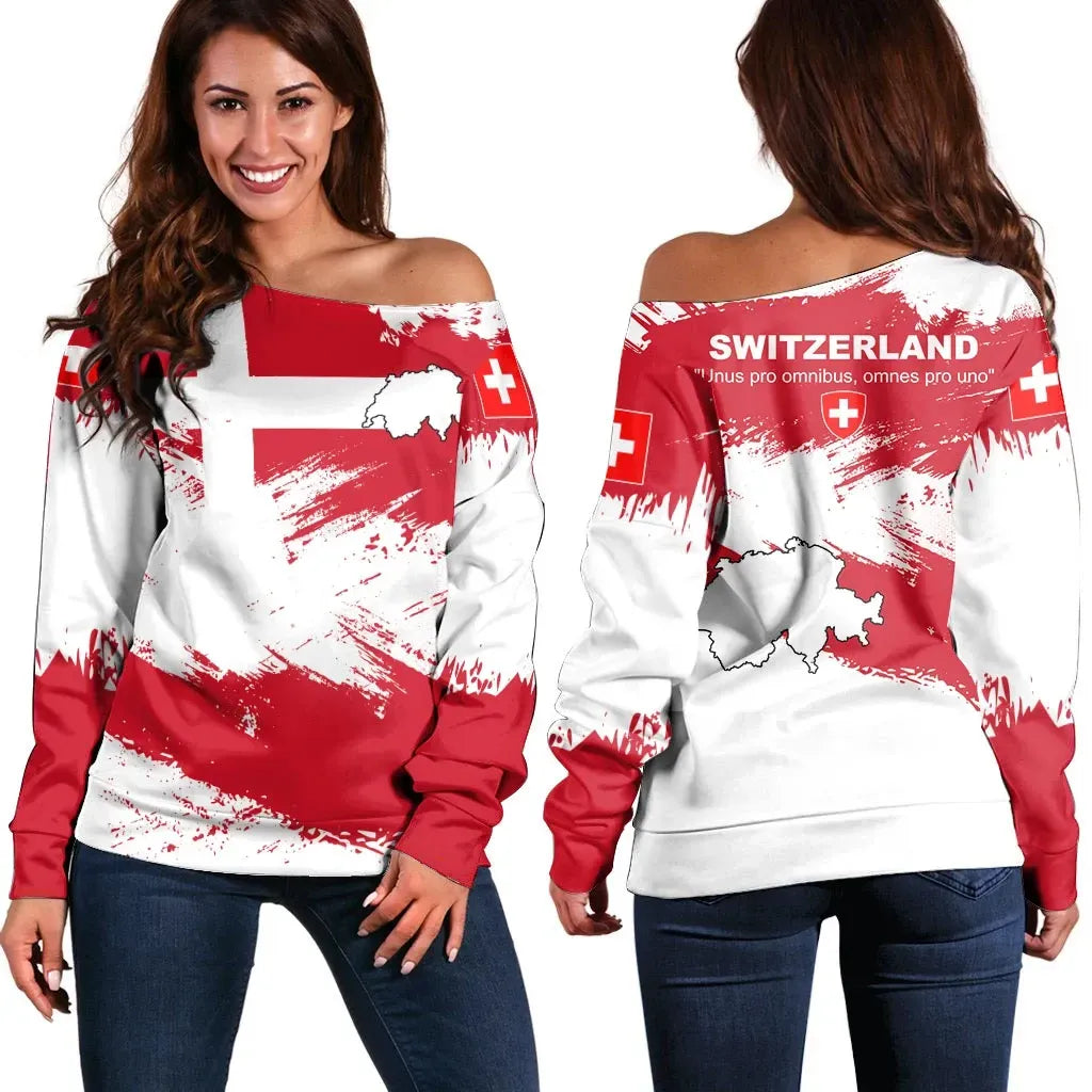 Switzerland Off Shoulder Sweater, Switzerland Flag Brush RLT13 - Wonder Print Shop